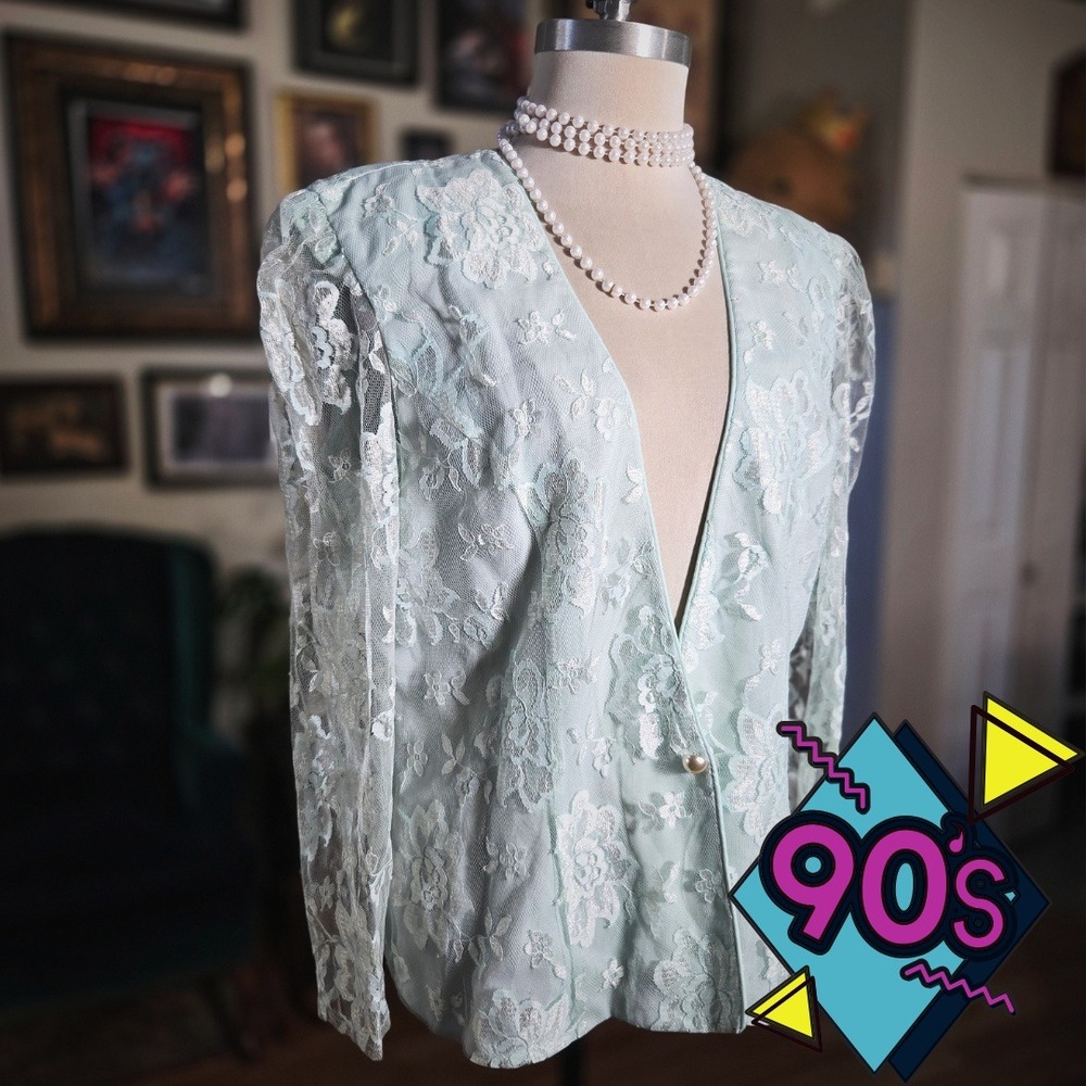 Vintage 90s Patra Mint Green Floral Lace‎ Evening Long Sleeve Top  Pearl Button